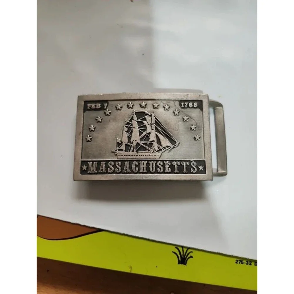 John McCann pewter belt buckle  Massachusetts sailing ship